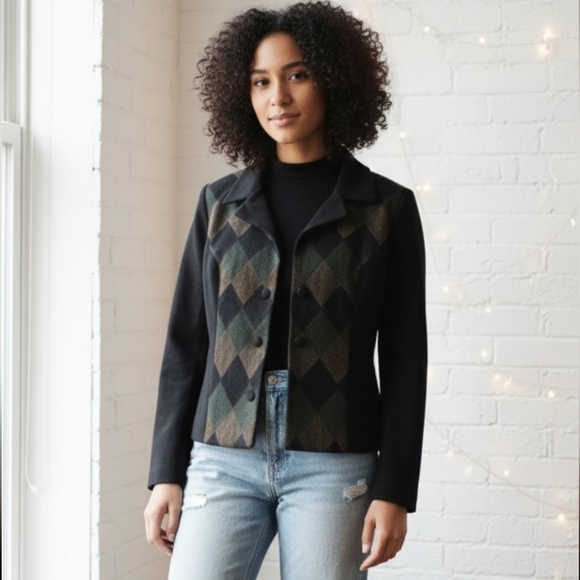John Roberts Jackets & Blazers - JOHN ROBERTS Petite 8P Vintage Argyle Blazer Jacket Black Green Shoulder Pads
